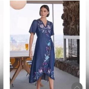 Johnny Was Nico chambray floral embroidery wrap dress